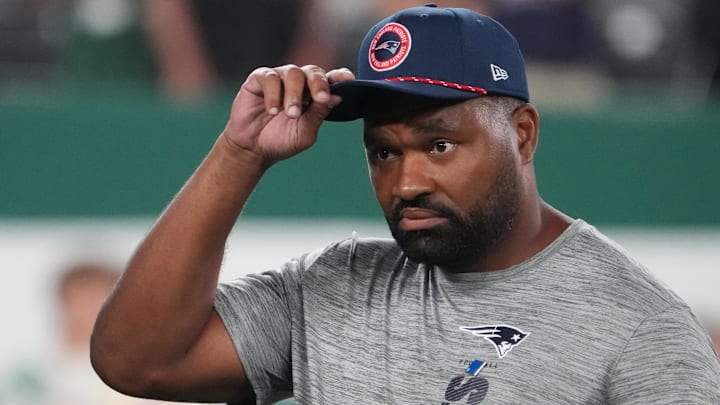 Sep 19, 2024; East Rutherford, New Jersey, USA;  New England Patriots head coach Jerod Mayo pre game against the New York Jets at MetLife Stadium. Mandatory Credit: Robert Deutsch-Imagn Images