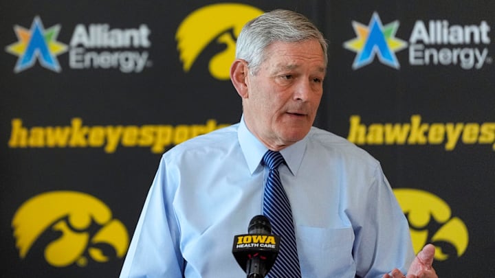 Iowa head football coach Kirk Ferentz gives team updates during a press conference as spring training begins Wednesday, March 26, 2025 in Iowa City, Iowa. Iowa head football coach Kirk Ferentz gives team updates during a press conference as spring training begins Wednesday, March 26, 2025 in Iowa City, Iowa.