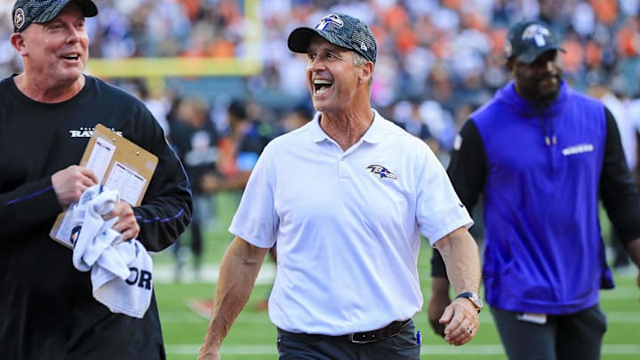 Oct 6, 2024; Cincinnati, Ohio, USA; Baltimore Ravens head coach John Harbaugh walks off the field after the victory over the Cincinnati Bengals at Paycor Stadium. Mandatory Credit: Katie Stratman-Imagn Images
