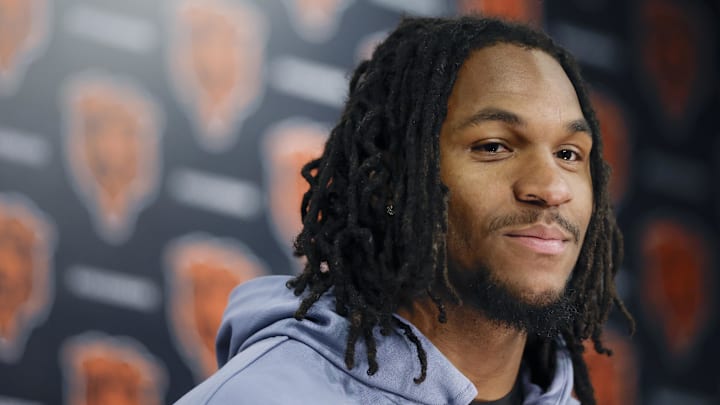 May 9, 2025; Lake Forest, IL, USA; Chicago Bears wide receiver Luther Burden III smiles during the Rookie Minicamp at Halas Hall. Mandatory Credit: Kamil Krzaczynski-Imagn Images