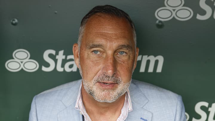 Jul 4, 2025; Chicago, Illinois, USA; St. Louis Cardinals president of baseball operations John Mozeliak speaks before a baseball game against the Chicago Cubs at Wrigley Field. Mandatory Credit: Kamil Krzaczynski-Imagn Images