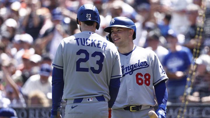 Apr 23, 2026; San Francisco, California, USA; Los Angeles Dodgers right fielder Kyle Tucker (23) celebrates with catcher Dalton Rushing (68) after scoring a run on an San Francisco Giants throwing error during the fourth inning at Oracle Park. Mandatory Credit: Kelley L Cox-Imagn Images Apr 23, 2026; San Francisco, California, USA; Los Angeles Dodgers right fielder Kyle Tucker (23) celebrates with catcher Dalton Rushing (68) after scoring a run on an San Francisco Giants throwing error during the fourth inning at Oracle Park. Mandatory Credit: Kelley L Cox-Imagn Images