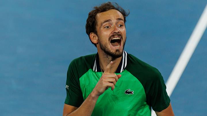 Jan 26, 2024; Melbourne, Victoria, Australia; Daniil Medvedev of Russia celebrates his victory over Alexander Zverev in the semi-finals of the men’s singles at the Australian Open. Mandatory Credit: Mike Frey-USA TODAY Sports