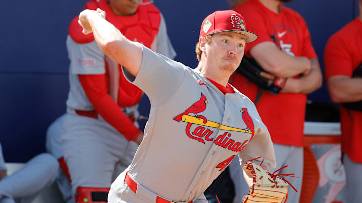 Feb 16, 2026; Jupiter, FL, USA;  St. Louis Cardinals pitcher Hunter Dobbins (40) throws a pitch during spring training workouts at Roger Dean Stadium. Mandatory Credit: Reinhold Matay-Imagn Images
