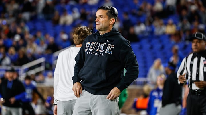 Oct 18, 2024; Durham, North Carolina, USA; Duke Blue Devils head coach Manny Diaz looks on prior to the first half of the game against Florida State at Wallace Wade Stadium. Mandatory Credit: Jaylynn Nash-Imagn Images
