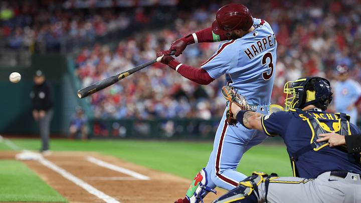 Sep 24, 2026; Philadelphia, Pennsylvania, USA; Philadelphia Phillies first baseman Bryce Harper (3) hits an RBI single against the Milwaukee Brewers during the third inning at Citizens Bank Park. Mandatory Credit: Bill Streicher-Imagn Images Sep 24, 2026; Philadelphia, Pennsylvania, USA; Philadelphia Phillies first baseman Bryce Harper (3) hits an RBI single against the Milwaukee Brewers during the third inning at Citizens Bank Park. Mandatory Credit: Bill Streicher-Imagn Images