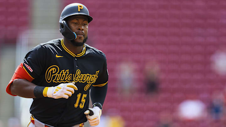 Apr 1, 2026; Cincinnati, Ohio, USA; Pittsburgh Pirates outfielder Oneil Cruz (15) runs the bases after hitting a three-run home run in the first inning against the Cincinnati Reds at Great American Ball Park. Mandatory Credit: Katie Stratman-Imagn Images
