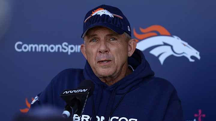 Broncos coach Sean Payton addresses the media after organized team activities at Centura Health Training Center. 