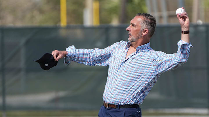Feb 15, 2023; Jupiter, FL, USA; John Mozeliak, St. Louis Cardinals President of Baseball Operations, throws a baseball during spring training in Jupiter, Florida. Mandatory Credit: Jim Rassol-Imagn Images Feb 15, 2023; Jupiter, FL, USA; John Mozeliak, St. Louis Cardinals President of Baseball Operations, throws a baseball during spring training in Jupiter, Florida. Mandatory Credit: Jim Rassol-Imagn Images