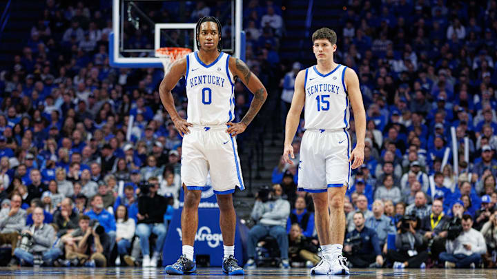Jan 17, 2024; Lexington, Kentucky, USA; Kentucky Wildcats guards Rob Dillingham (0) and Reed Sheppard (15) stand on the court while a free throw is shot during the second half against the Mississippi State Bulldogs at Rupp Arena at Central Bank Center. Mandatory Credit: Jordan Prather-USA TODAY Sports