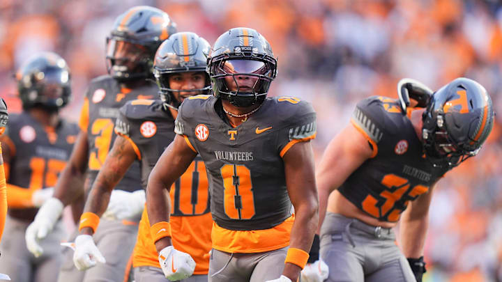 Tennessee defensive back Colton Hood (8) and the Tennessee defense celebrate after a play stopping the New Mexico State offense in an NCAA college football game on November 15, 2025, in Knoxville, Tenn.