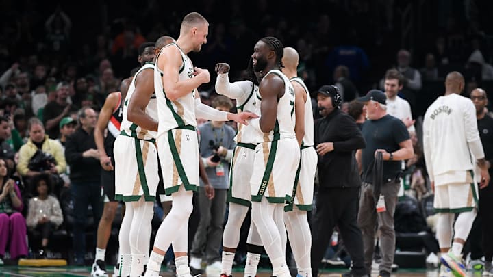 Apr 7, 2024; Boston, Massachusetts, USA; Boston Celtics guard Jaylen Brown (7) reacts to the