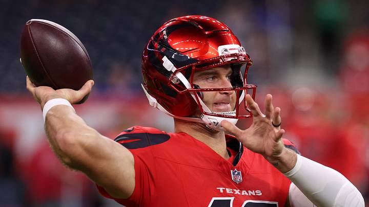 Nov 20, 2025; Houston, Texas, USA; Houston Texans quarterback Davis Mills (10) warms up before the game against the Buffalo Bills at NRG Stadium. Mandatory Credit: Thomas Shea-Imagn Images