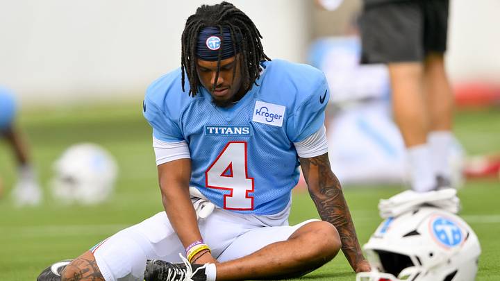 Aug 3, 2026; Nashville, TN, USA; Tennessee Titans wide receiver Wan'Dale Robinson (4) stretches during training camp at Vanderbilt Health Football Center. Mandatory Credit: Steve Roberts-Imagn Images Aug 3, 2026; Nashville, TN, USA; Tennessee Titans wide receiver Wan'Dale Robinson (4) stretches during training camp at Vanderbilt Health Football Center. Mandatory Credit: Steve Roberts-Imagn Images