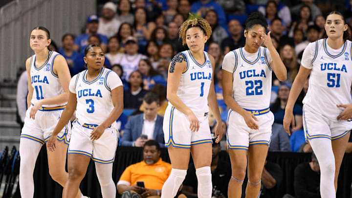 Mar 23, 2025; Los Angeles, California, USA; UCLA Bruins Gabriela Jaquez (11), Londynn Jones (3), Kiki Rice (1), Kendall Dudley (22), and Lauren Betts (51) during an NCAA Tournament second round game against the Richmond Spidersat Pauley Pavilion presented by Wescom. Mandatory Credit: Robert Hanashiro-Imagn Images