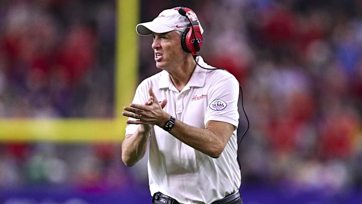 Houston Cougars head coach Willie Fritz reacts during the first half against the Louisiana State Tigers at NRG Stadium. 