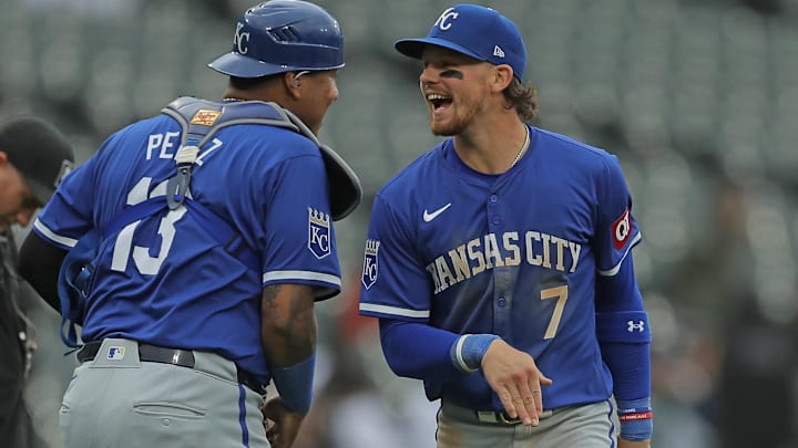 Apr 17, 2024; Chicago, Illinois, USA; Kansas City Royals catcher Salvador Perez (13) and shortstop