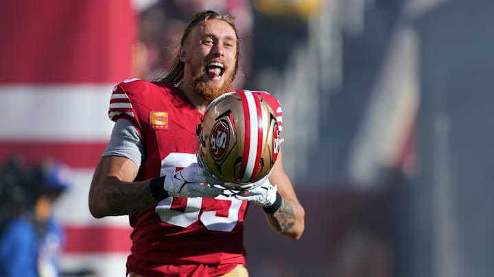 Sep 9, 2024; Santa Clara, California, USA; San Francisco 49ers tight end George Kittle (85) is introduced before the game against the New York Jets at Levi's Stadium. Mandatory Credit: Darren Yamashita-Imagn Images Sep 9, 2024; Santa Clara, California, USA; San Francisco 49ers tight end George Kittle (85) is introduced before the game against the New York Jets at Levi's Stadium. Mandatory Credit: Darren Yamashita-Imagn Images