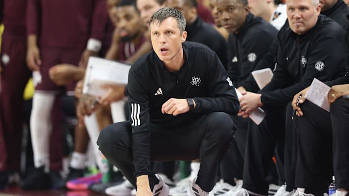 Feb 25, 2026; Fayetteville, Arkansas, USA; Texas A&M Aggies head coach Bucky McMillan looks on against the Arkansas Razorbacks during the first half at Bud Walton Arena. Mandatory Credit: Nelson Chenault-Imagn Images