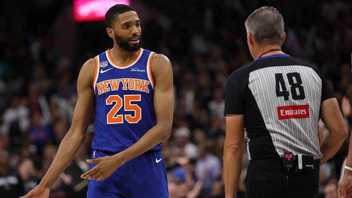 Jun 13, 2026; San Antonio, Texas, USA; New York Knicks guard Mikal Bridges (25) argues with referee. Mandatory Credit: Geoff Burke-Imagn Images