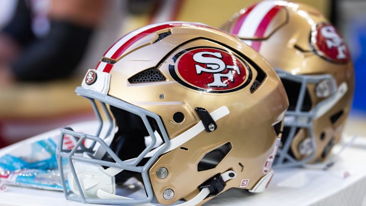 Jan 5, 2025; Glendale, Arizona, USA; Detailed view of a San Francisco 49ers helmet at State Farm Stadium. Mandatory Credit: Mark J. Rebilas-Imagn Images