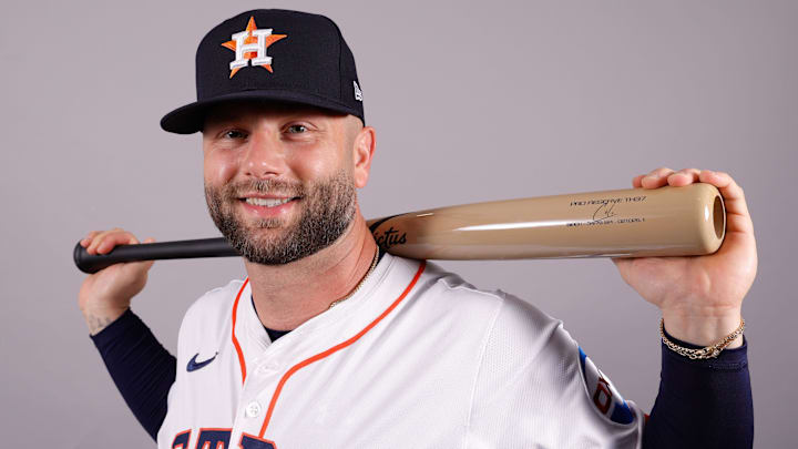 Feb 20, 2025; West Palm Beach, FL, USA; Houston Astros first base Christian Walker (8) poses for a photo at the Houston Astros media day. Feb 20, 2025; West Palm Beach, FL, USA; Houston Astros first base Christian Walker (8) poses for a photo at the Houston Astros media day.