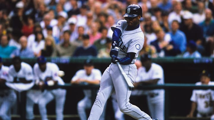 Jul 7, 1998; Denver, CO, USA; FILE PHOTO; American League outfielder Ken Griffey Jr. (24) of the Seattle Mariners at bat against the National League during the 1998 MLB All-Star Game at Coors Field. Mandatory Credit: V.J. Lovero-USA TODAY NETWORK