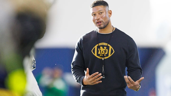 Notre Dame head coach Marcus Freeman greets his players during a Notre Dame football spring practice at Irish Athletic Center on Wednesday, March 19, 2025, in South Bend.
