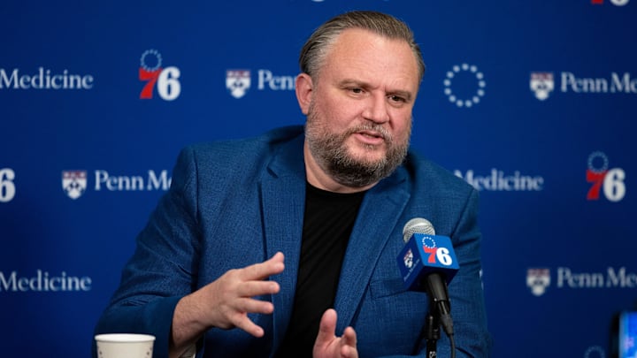 Dec 15, 2023; Philadelphia, Pennsylvania, USA; Philadelphia 76ers resident of Basketball Operations Daryl Morey speaks with the media before a game against the Detroit Pistons at Wells Fargo Center. Mandatory Credit: Bill Streicher-Imagn Images