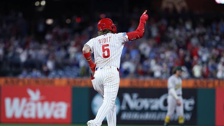 May 5, 2026; Philadelphia, Pennsylvania, USA; Philadelphia Phillies second baseman Bryson Stott (5) runs the bases on a two RBI home run against the Athletics during the seventh inning at Citizens Bank Park. 