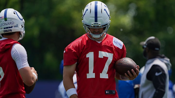 Indianapolis Colts quarterback Daniel Jones (17) walks up the field Tuesday, June 10, 2025, during NFL Colts mandatory mini camp at the Indiana Farm Bureau Football Center in Indianapolis. Indianapolis Colts quarterback Daniel Jones (17) walks up the field Tuesday, June 10, 2025, during NFL Colts mandatory mini camp at the Indiana Farm Bureau Football Center in Indianapolis.