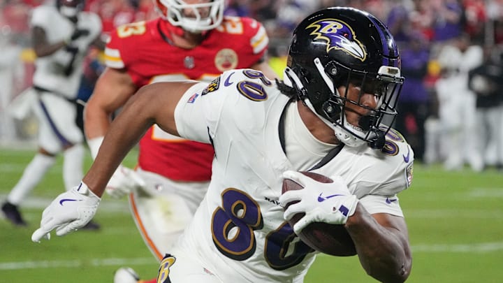 Baltimore Ravens tight end Isaiah Likely runs the ball against the Kansas City Chiefs. Baltimore Ravens tight end Isaiah Likely runs the ball against the Kansas City Chiefs.