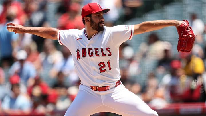 Jun 14, 2026; Anaheim, California, USA;  Los Angeles Angels pitcher Grayson Rodriguez (21) pitches during the second inning against the Tampa Bay Rays at Angel Stadium. Mandatory Credit: Kiyoshi Mio-Imagn Images