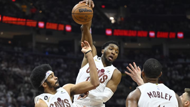 Apr 15, 2023; Cleveland, Ohio, USA; Cleveland Cavaliers guard Donovan Mitchell (45) rebounds beside center Jarrett Allen (31) in the third quarter of game one of the 2023 NBA playoffs against the New York Knicks at Rocket Mortgage FieldHouse. Mandatory Credit: David Richard-USA TODAY Sports Apr 15, 2023; Cleveland, Ohio, USA; Cleveland Cavaliers guard Donovan Mitchell (45) rebounds beside center Jarrett Allen (31) in the third quarter of game one of the 2023 NBA playoffs against the New York Knicks at Rocket Mortgage FieldHouse. Mandatory Credit: David Richard-USA TODAY Sports