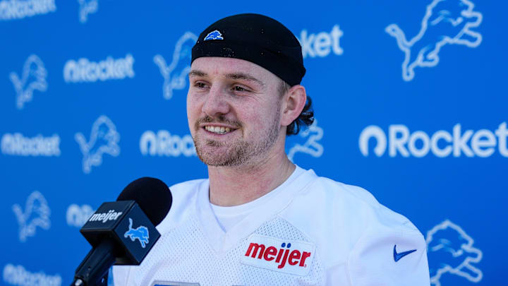 Detroit Lions safety Dan Jackson (28) speaks after practice during rookie mini camp at Meijer Performance Center in Allen Park on Friday, May 9, 2025. Detroit Lions safety Dan Jackson (28) speaks after practice during rookie mini camp at Meijer Performance Center in Allen Park on Friday, May 9, 2025.
