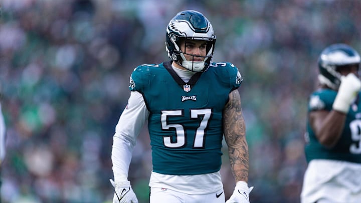 Dec 31, 2023; Philadelphia, Pennsylvania, USA; Philadelphia Eagles linebacker Ben VanSumeren (57) in a game against the Arizona Cardinals at Lincoln Financial Field. Mandatory Credit: Bill Streicher-USA TODAY Sports