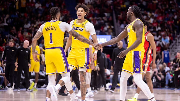 Apr 16, 2024; New Orleans, Louisiana, USA; Los Angeles Lakers center Jaxson Hayes (11) reacts to a play with guard D'Angelo Russell (1) on a time out against the New Orleans Pelicans during the first half of a play-in game of the 2024 NBA playoffs against the New Orleans Pelicans at Smoothie King Center. Mandatory Credit: Stephen Lew-Imagn Images Apr 16, 2024; New Orleans, Louisiana, USA; Los Angeles Lakers center Jaxson Hayes (11) reacts to a play with guard D'Angelo Russell (1) on a time out against the New Orleans Pelicans during the first half of a play-in game of the 2024 NBA playoffs against the New Orleans Pelicans at Smoothie King Center. Mandatory Credit: Stephen Lew-Imagn Images
