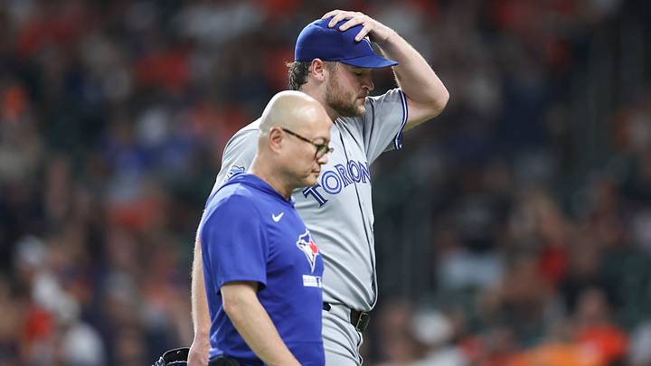 Blue Jays starting pitcher Trey Yesavage (39) walks off the field after an apparent injury during the third inning against the Astros Blue Jays starting pitcher Trey Yesavage (39) walks off the field after an apparent injury during the third inning against the Astros