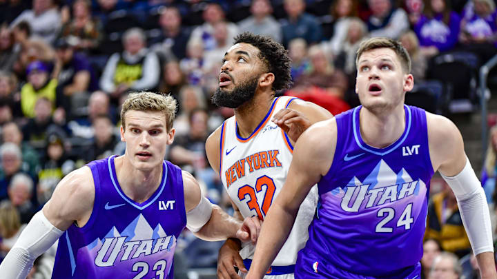 Nov 23, 2024; Salt Lake City, Utah, USA; Utah Jazz forward/center Lauri Markkanen (23) and center Walker Kessler (24) battle for position against New York Knicks center/forward Karl-Anthony Towns (32) during a free-throw during the first half at the Delta Center. Mandatory Credit: Christopher Creveling-Imagn Images Nov 23, 2024; Salt Lake City, Utah, USA; Utah Jazz forward/center Lauri Markkanen (23) and center Walker Kessler (24) battle for position against New York Knicks center/forward Karl-Anthony Towns (32) during a free-throw during the first half at the Delta Center. Mandatory Credit: Christopher Creveling-Imagn Images