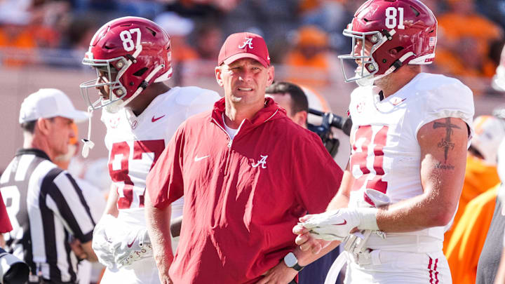 Alabama head coach Kalen DeBoer during an SEC conference game between Tennessee and Alabama in Neyland Stadium on Saturday, Oct. 19, 2024.