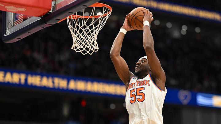 Feb 3, 2026; Washington, District of Columbia, USA; New York Knicks center Ariel Hukporti (55) attempts a slam dunk against the Washington Wizards during the fourth quarter at Capital One Arena. Mandatory Credit: Rafael Suanes-Imagn Images Feb 3, 2026; Washington, District of Columbia, USA; New York Knicks center Ariel Hukporti (55) attempts a slam dunk against the Washington Wizards during the fourth quarter at Capital One Arena. Mandatory Credit: Rafael Suanes-Imagn Images