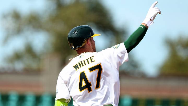 Aug 16, 2026; West Sacramento, California, USA; Athletics first baseman Tommy White (47) reacts after hitting his first career home run against the Texas Rangers during the eighth inning at Sutter Health Park. Mandatory Credit: Dennis Lee-Imagn Images Aug 16, 2026; West Sacramento, California, USA; Athletics first baseman Tommy White (47) reacts after hitting his first career home run against the Texas Rangers during the eighth inning at Sutter Health Park. Mandatory Credit: Dennis Lee-Imagn Images