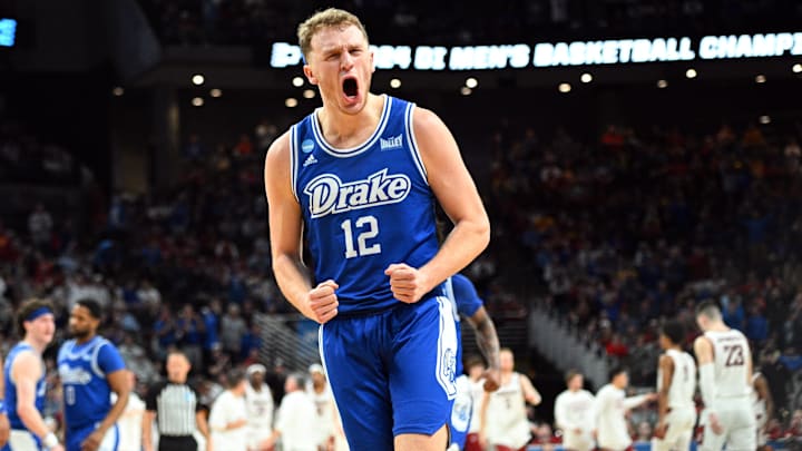 Mar 21, 2024; Omaha, NE, USA; Drake Bulldogs guard Tucker DeVries (12) reacts in the first half of the game.