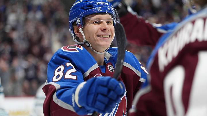 Nov 26, 2025; Denver, Colorado, USA; Colorado Avalanche center Ivan Ivan (82) reacts following a goal scored in the second period against the San Jose Sharks at Ball Arena. Mandatory Credit: Ron Chenoy-Imagn Images