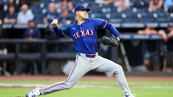 Jun 3, 2025; Tampa, Florida, USA; Texas Rangers starting pitcher Tyler Mahle (51) throws a pitch against the Tampa Bay Rays in the first inning at George M. Steinbrenner Field