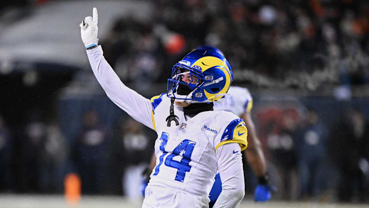 Los Angeles Rams cornerback Cobie Durant reacts to a rushing touchdown by running back Kyren Williams against the Chicago Bears 