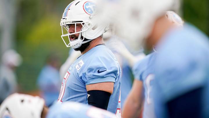 Tennessee Titans center Austin Schlottmann (51) gets in position during OTAs at Vanderbilt Health Football Center in Nashville, Tenn., Thursday, June 11, 2026. Tennessee Titans center Austin Schlottmann (51) gets in position during OTAs at Vanderbilt Health Football Center in Nashville, Tenn., Thursday, June 11, 2026.