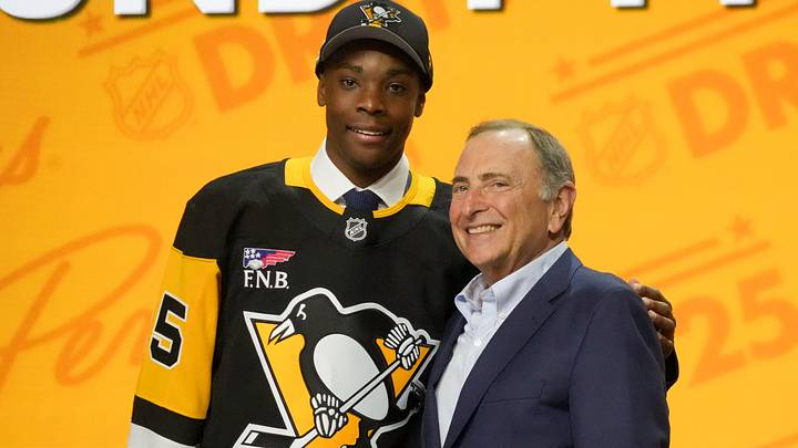 Jun 27, 2025; Los Angeles, California, USA; Bill Zonnon is selected as the 22nd overall pick to the Pittsburgh Penguins in the first round of the 2025 NHL Draft at Peacock Theater. Mandatory Credit: Kirby Lee-Imagn Images