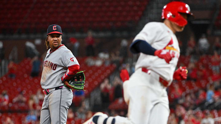 Apr 14, 2026: Cleveland Guardians third baseman José Ramírez (11) watches St. Louis Cardinals second baseman JJ Wetherholt (26) run the bases after hitting a two run home run for his second home run of the game during the eighth inning at Busch Stadium. Apr 14, 2026: Cleveland Guardians third baseman José Ramírez (11) watches St. Louis Cardinals second baseman JJ Wetherholt (26) run the bases after hitting a two run home run for his second home run of the game during the eighth inning at Busch Stadium.