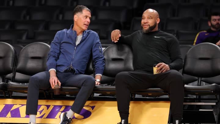 Mar 22, 2024; Los Angeles, California, USA; On the left Los Angeles Lakers general manager Rob Pelinka talks with head coach Darvin Ham (right) prior to the game against the Philadelphia 76ers at Crypto.com Arena. Mandatory Credit: Kiyoshi Mio-USA TODAY Sports Mar 22, 2024; Los Angeles, California, USA; On the left Los Angeles Lakers general manager Rob Pelinka talks with head coach Darvin Ham (right) prior to the game against the Philadelphia 76ers at Crypto.com Arena. Mandatory Credit: Kiyoshi Mio-USA TODAY Sports